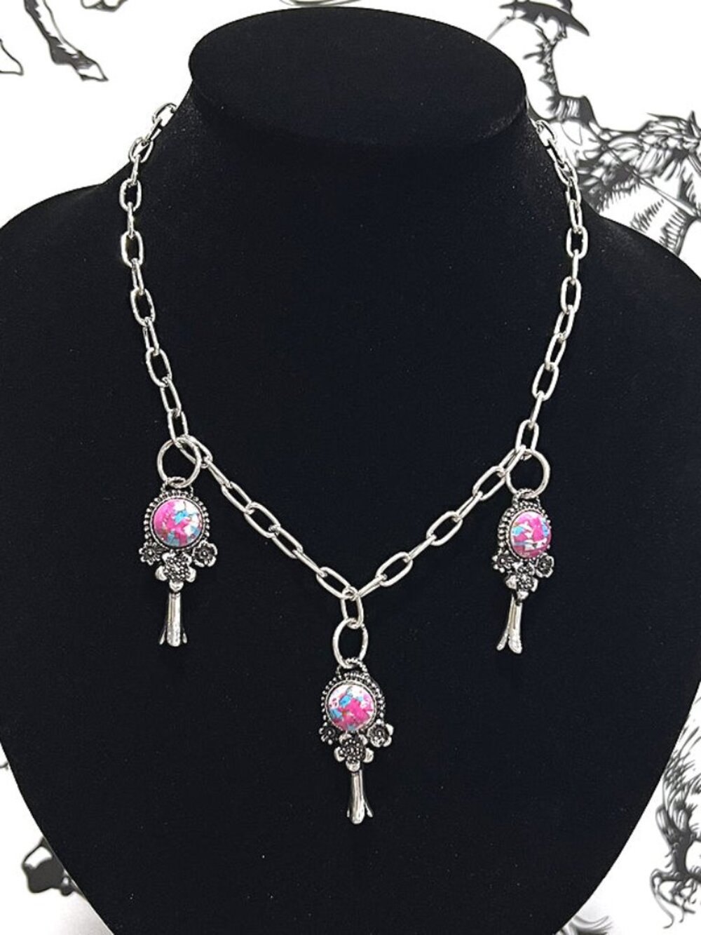 Western Cotton Candy Pink Stone Charm Necklace Silver Boho 18” NEW Cowgirl Style